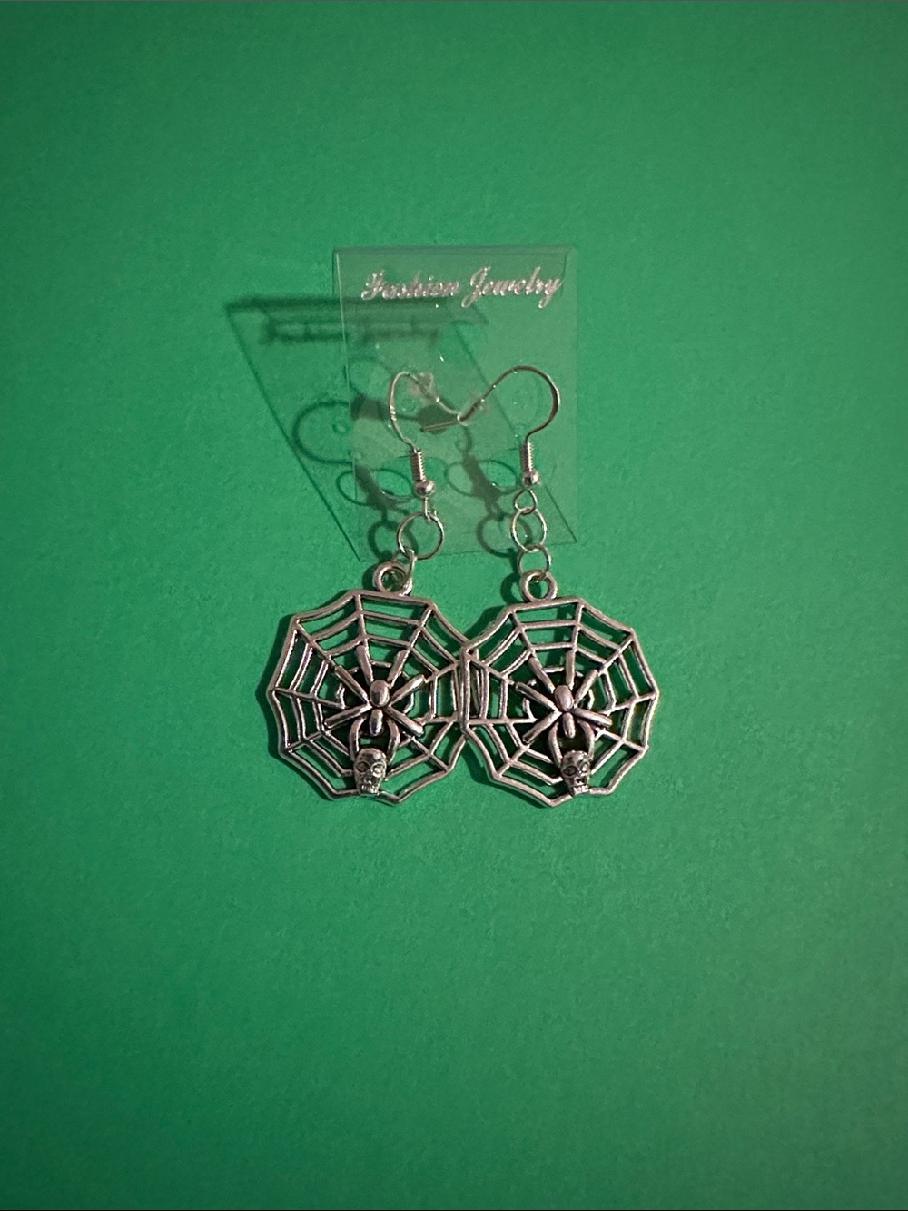 Silver Spider Web and Skull Dangle Earrings